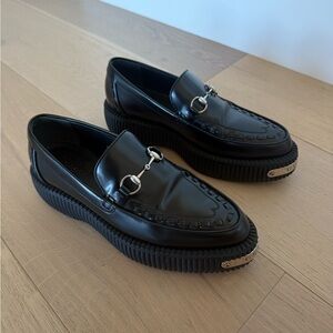 Gucci Black Leather Loafers with Silver Detail
